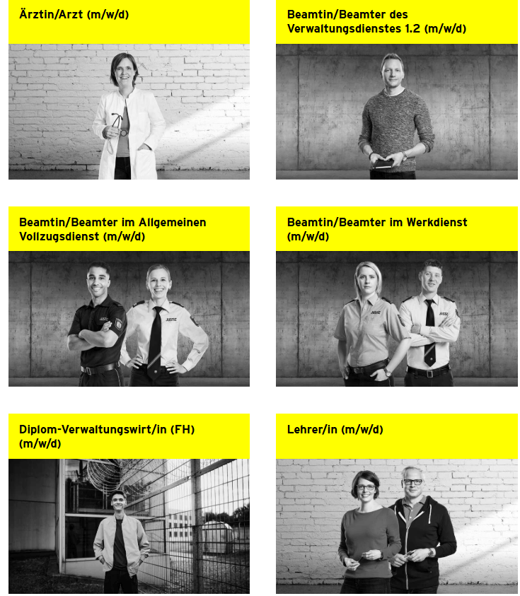 Auf dem Bild sind Mitarbeitende aus verschiedenen Berufen aus dem Justizvollzug abgebildet. Über den Fotos steht die jeweilige Berufsbezeichnung.