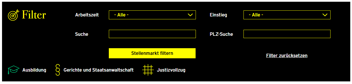 Auf dem Bild ist der Stellenmarkt der Justiz mit verschiedenen Suchfunktionen wie Arbeitszeit, Einstiegsart und Postleitzahl-Suche abgebildet.